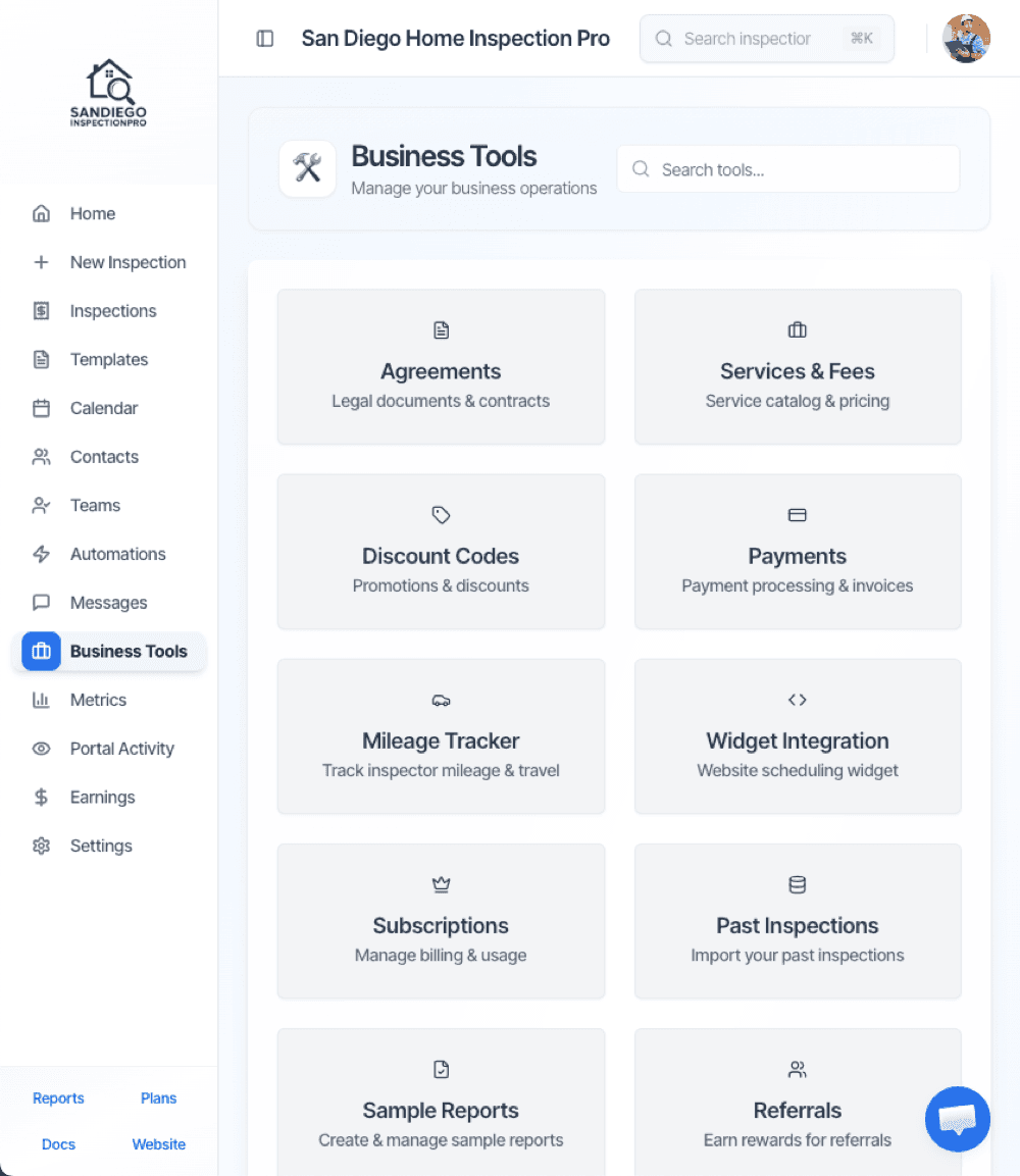 Hive Business Tools dashboard showing inspection management tools