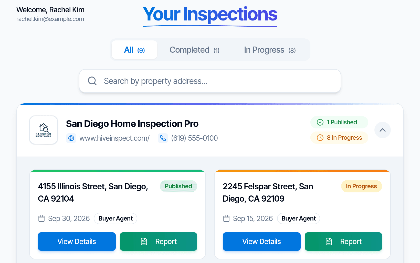 The agent portal: every inspection the agent is on, with a link to each report