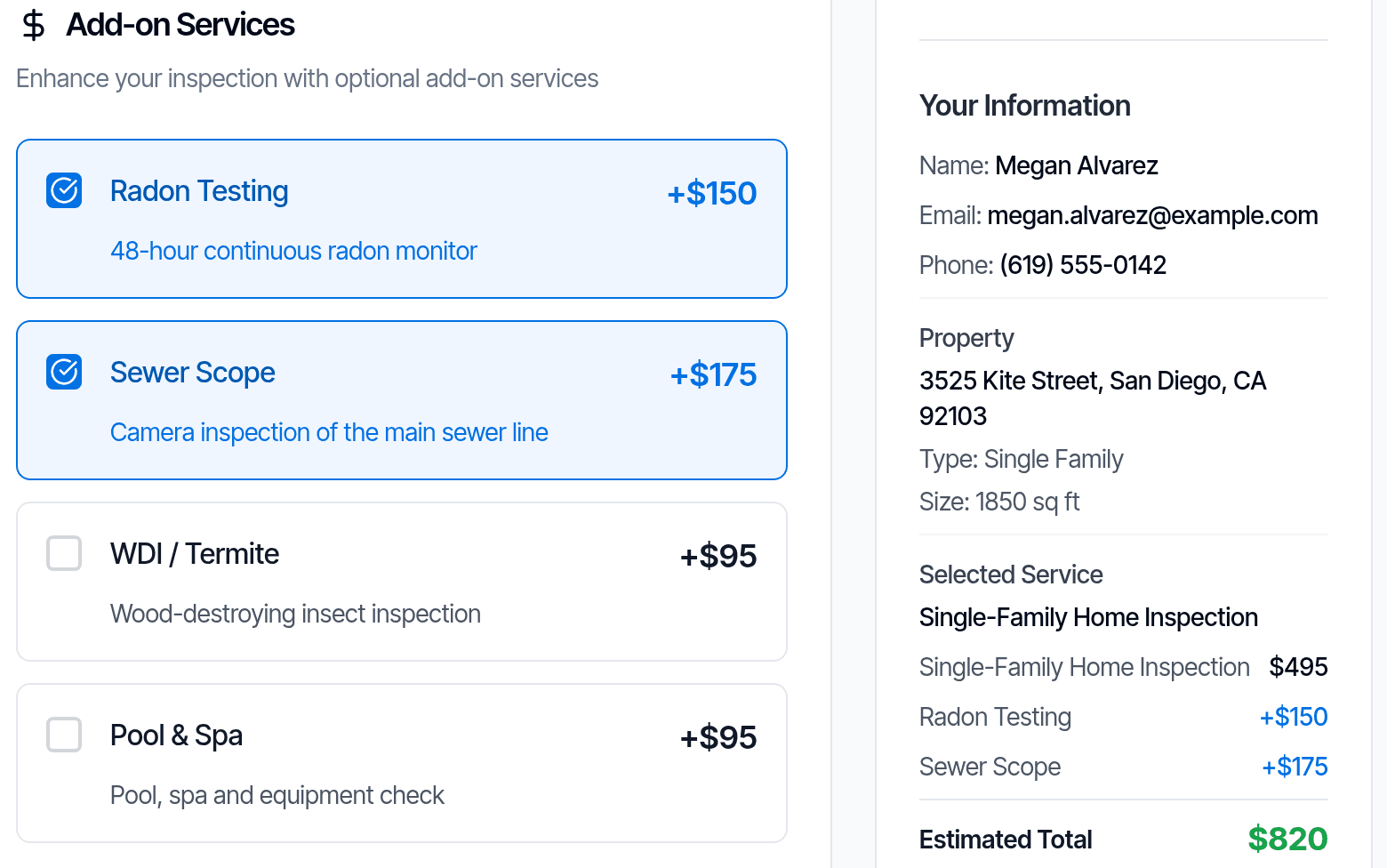 Online booking: the client ticks radon testing and a sewer scope, and the summary shows each price and the total