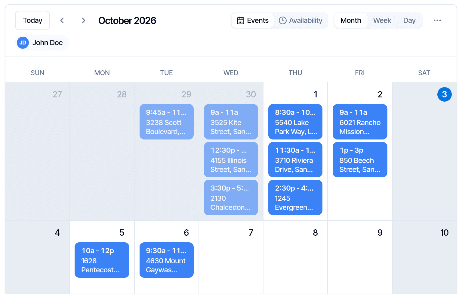 The Hive Calendar in month view, with each inspection’s time and address