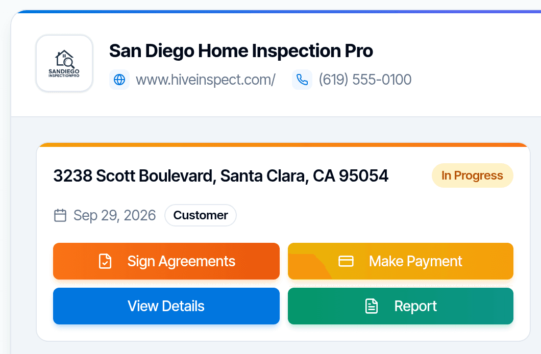 The client portal: an inspection with buttons to sign the agreement, pay, see the details and open the report