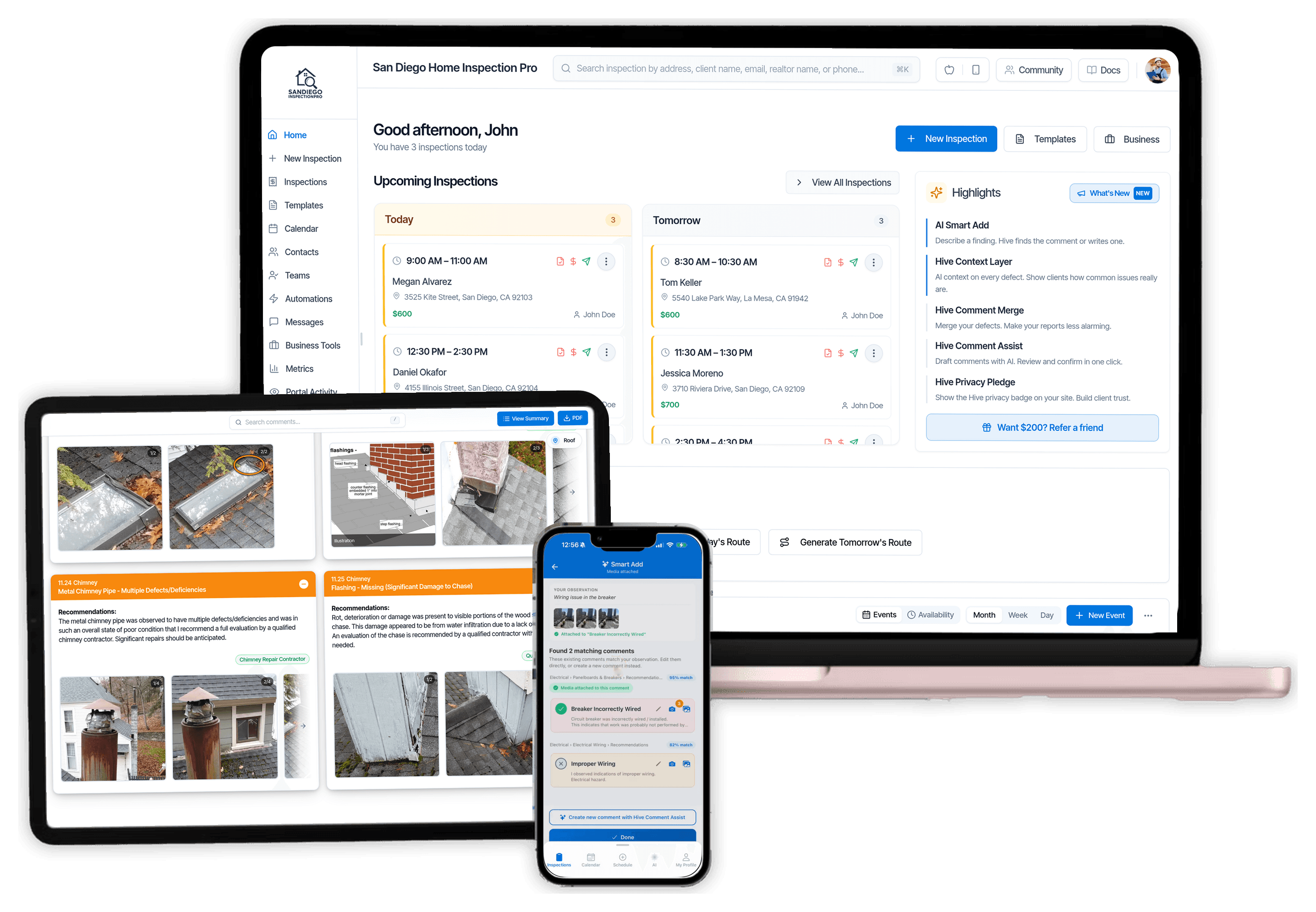 Hive on a laptop, a tablet and a phone: the dashboard, a report and Smart Add