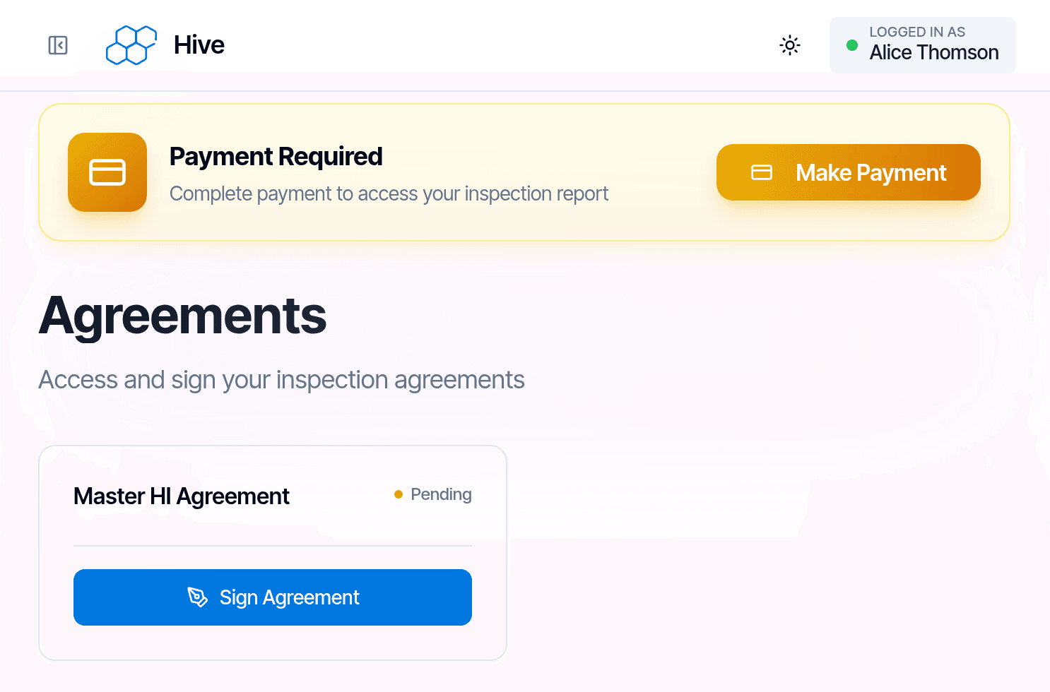 What the client sees until they pay and sign: a "Payment required to access your inspection report" banner, and the agreement waiting for their signature