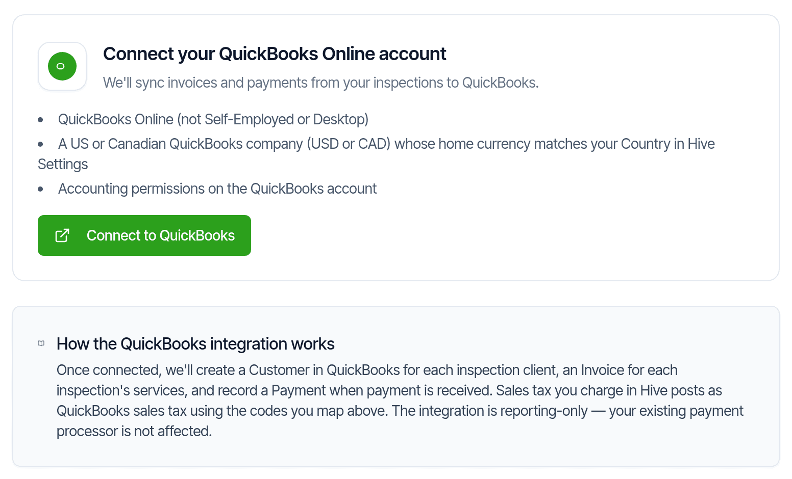 The QuickBooks settings in Hive: connect QuickBooks Online, and how invoices and payments sync