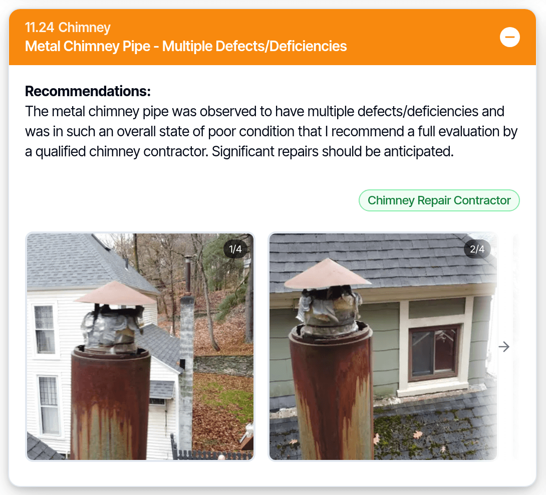 A defect comment in a Hive report, with the recommendation, the kind of contractor to call and photos