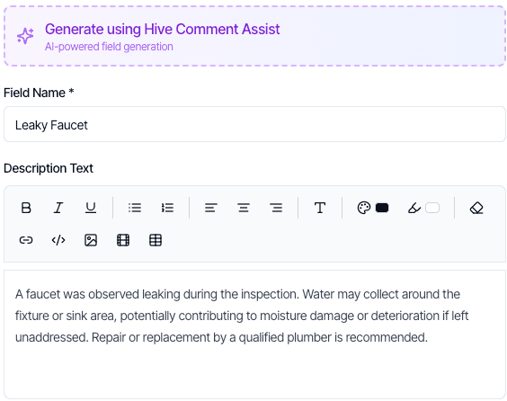 A generated Hive comment with the field name Leaky Faucet and a description of a leaking faucet observed during the inspection