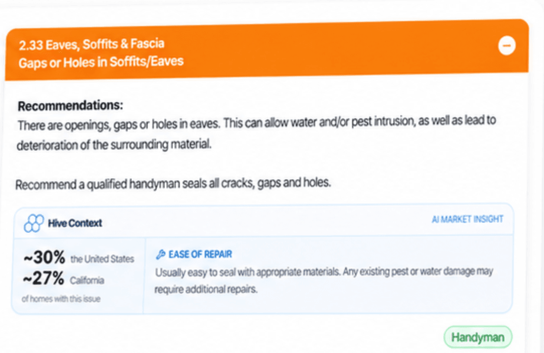 An inspection report defect about gaps in soffits, with a Hive Context box marked AI Market Insight showing roughly 30 percent of homes in the United States and 27 percent in California have the issue, plus an ease of repair note
