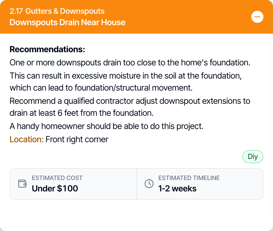 A defect in the digital report, Downspouts Drain Near House, with its recommendation and location, and a strip below showing Estimated Cost under $100 and Estimated Timeline 1-2 weeks