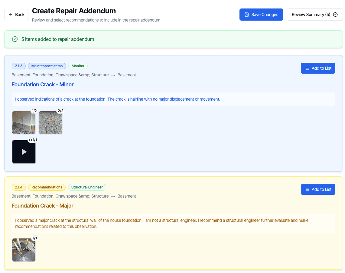 Repair Addendum feature