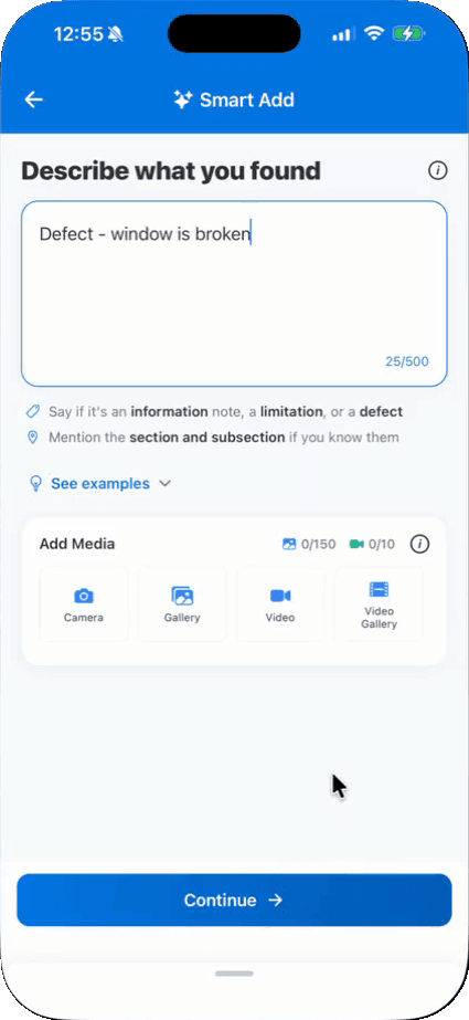 The Smart Add screen in the Hive Inspect iPhone app, with the finding “Defect - window is broken” typed in and buttons to add photos and video