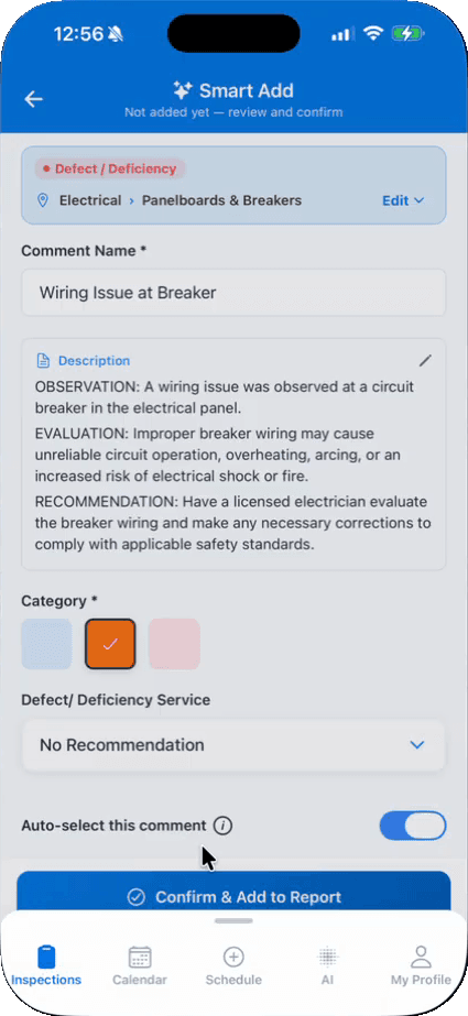 A new comment drafted by Smart Add called Wiring Issue at Breaker, placed under Electrical, Panelboards and Breakers, with an observation, evaluation and recommendation