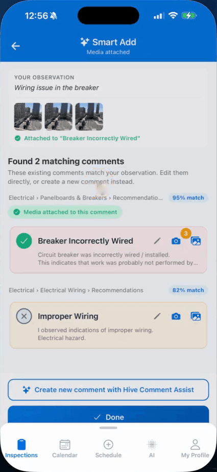 Smart Add in the phone app: an observation with photos, and two of the inspector’s own comments that match it
