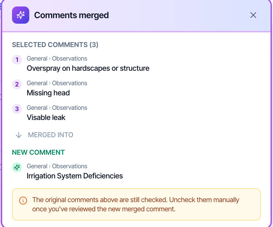 The Comments merged dialog in Hive, showing three irrigation comments merged into one comment named Irrigation System Deficiencies